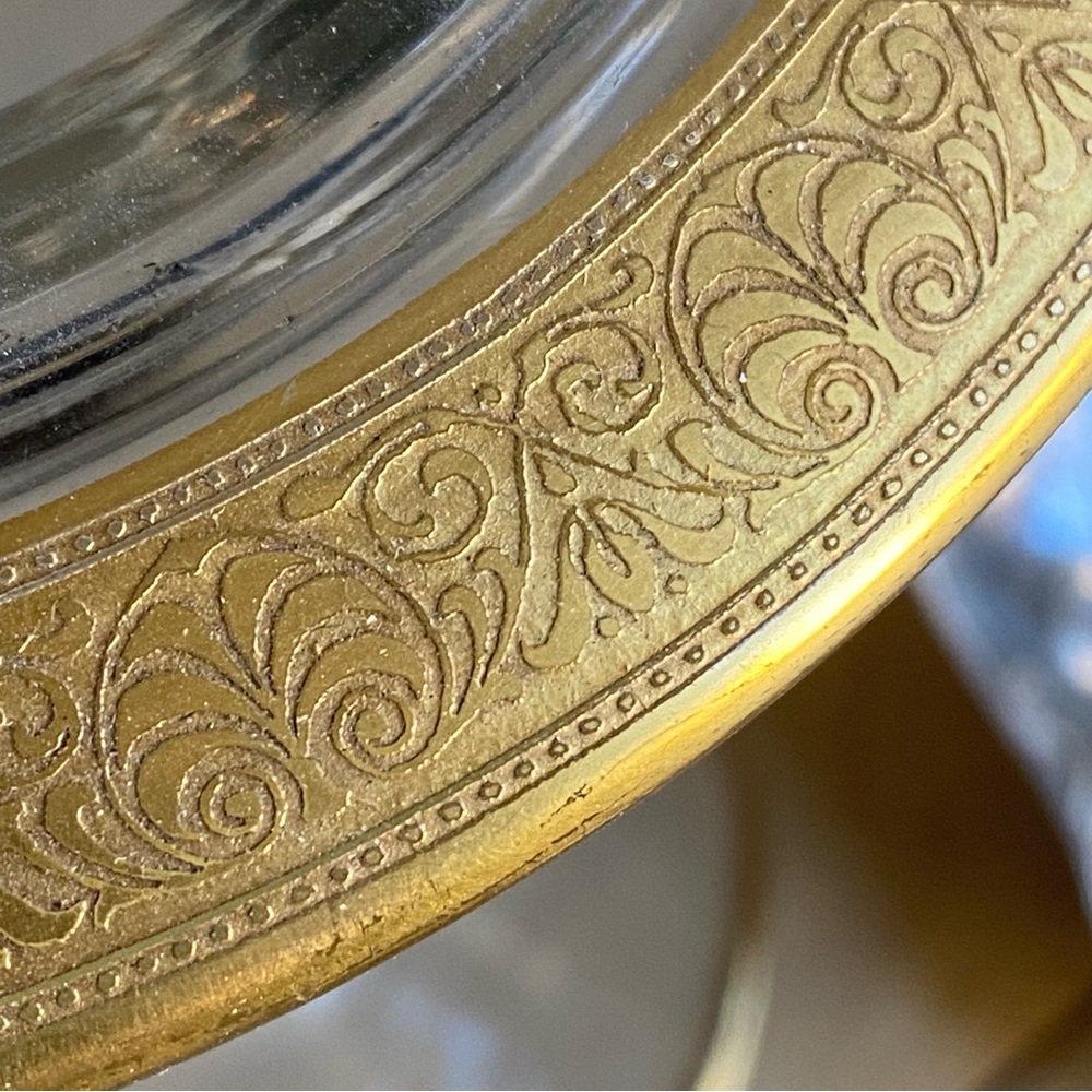 Vintage, antique glass compote dish with silverware embellished with gold accent